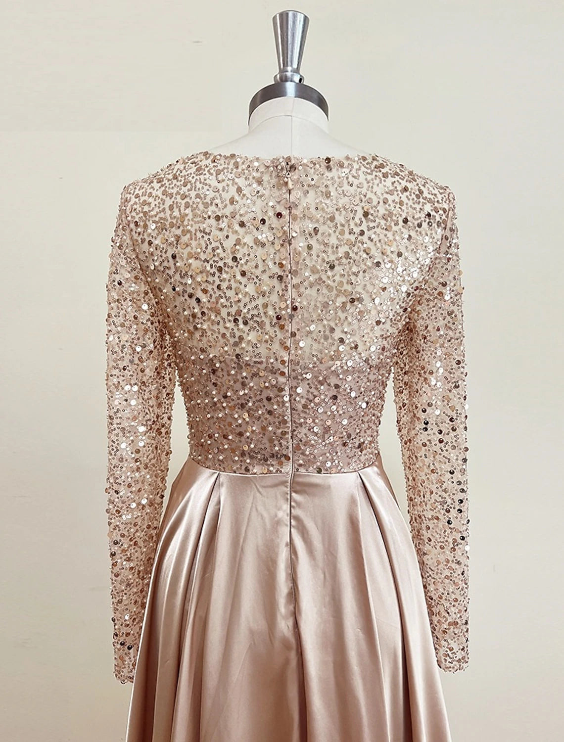 Mermaid Sequin Evening Gown Ruched Satin Dress Long Sleeves Floor Length Sparkle Illusion Neck Prom Wedding Guest Dress