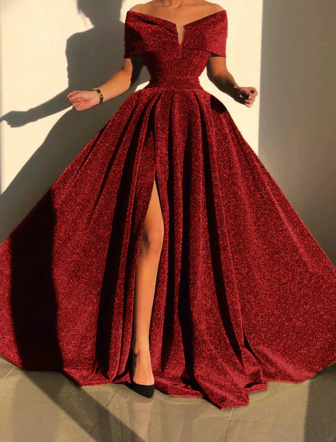 A-Line Evening Gown Sparkle & Shine Dress Formal Fall Court Train Sleeveless Off Shoulder Sequined