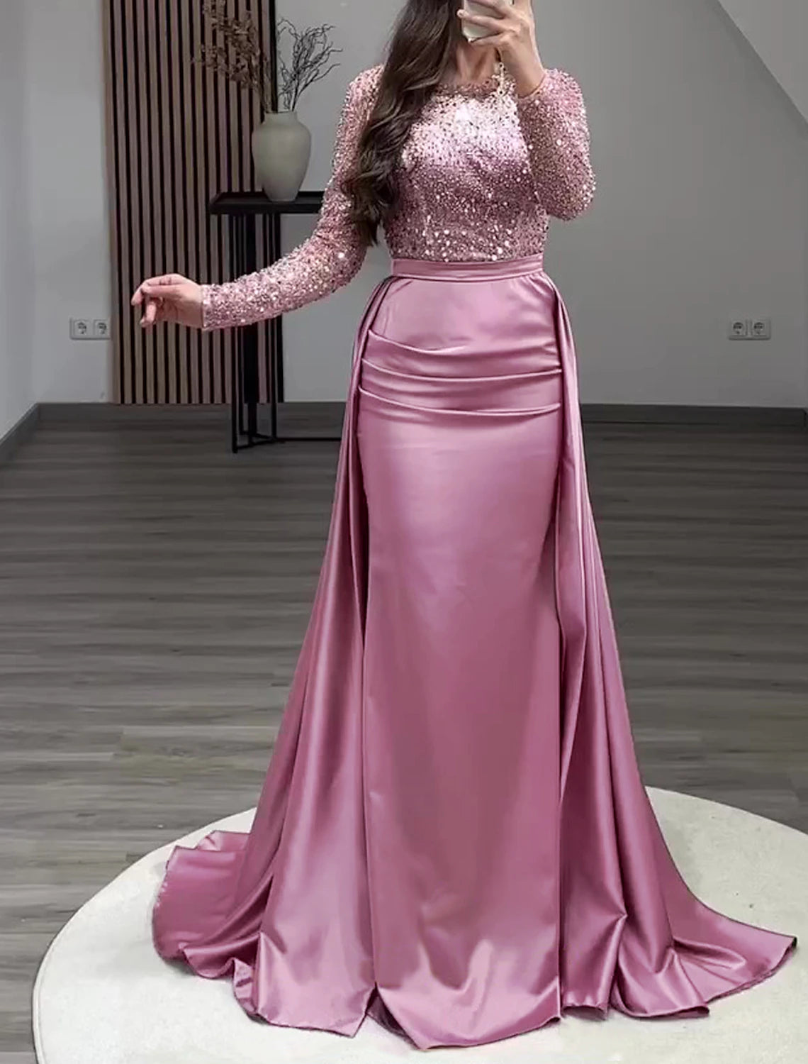 Mermaid Sequin Evening Gown Ruched Satin Dress Long Sleeves Floor Length Sparkle Illusion Neck Prom Wedding Guest Dress