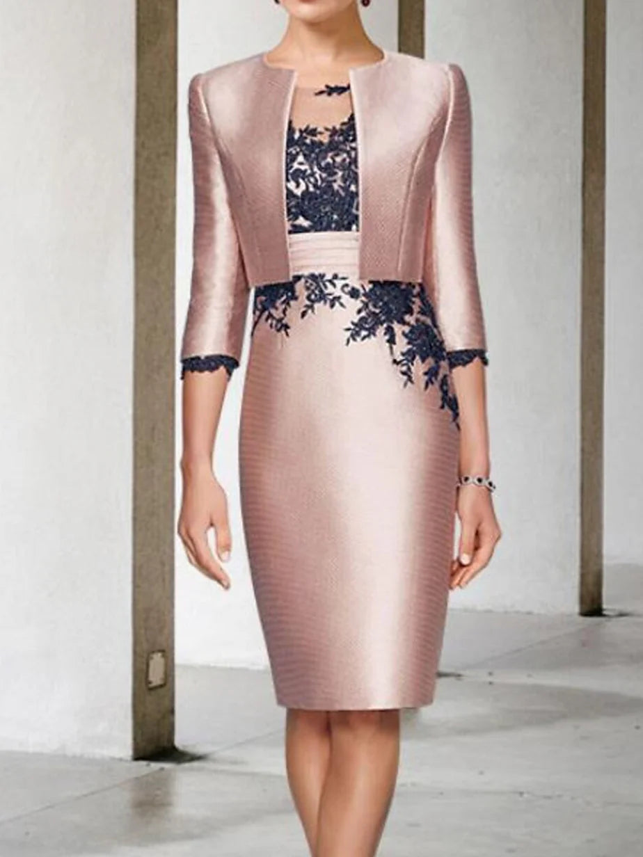 Formal Women's Dresses Two Piece Sheath/Column 3/4 Sleeve knee-Length Mother of the Bride Dresses with Appliques Color Block Prom Dresses Stores