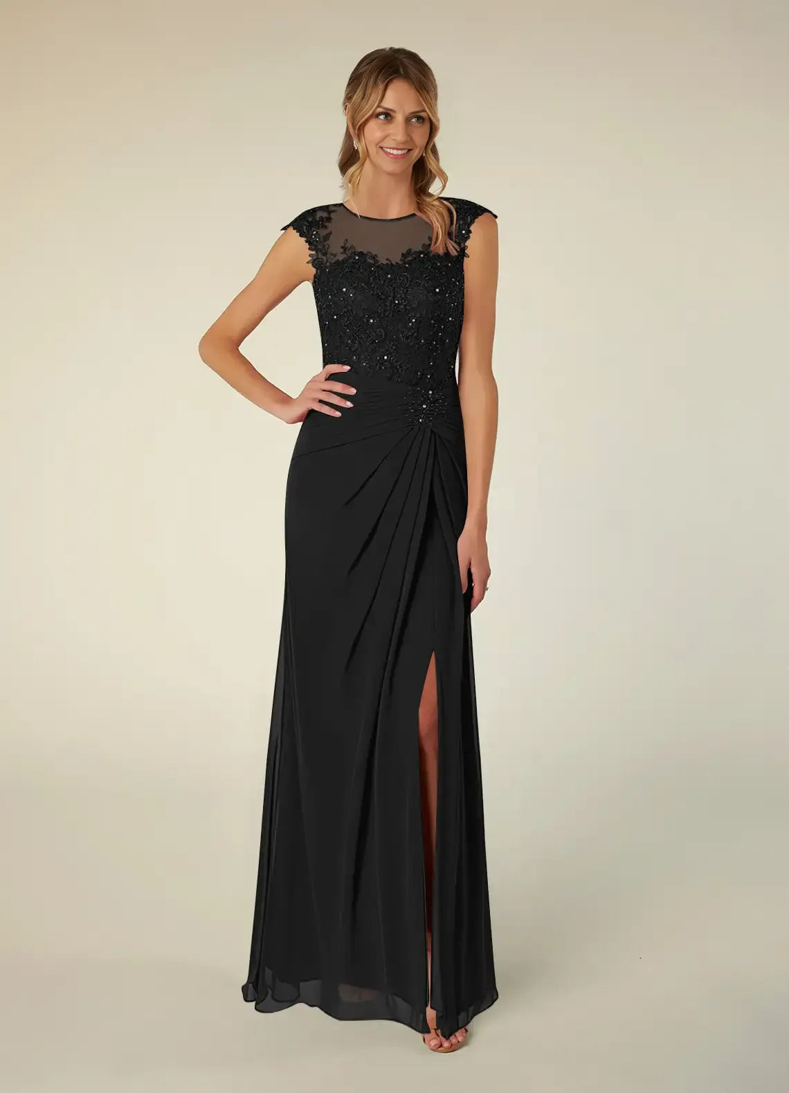 Weitese Dress Black A-Line Scoop Neck Sequins Chiffon Mother of the Groom Dresses Elegant Illusion Cap Sleeves Leg Slit Evening Dress