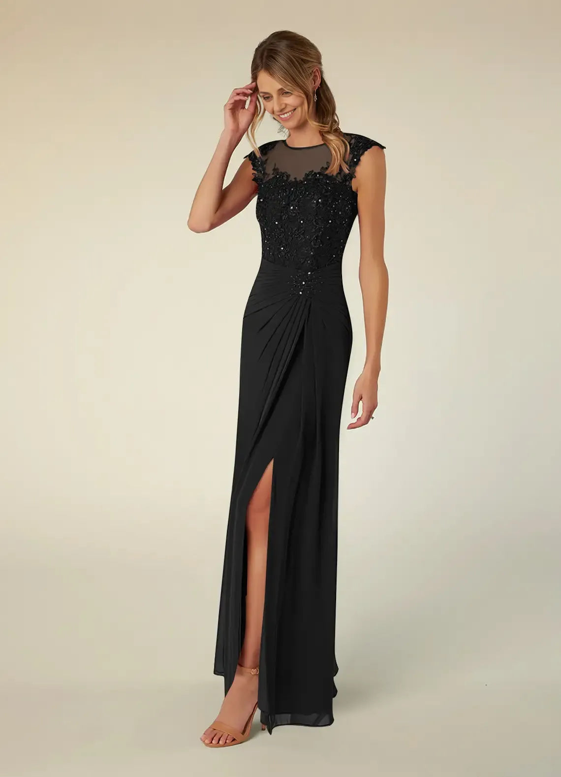 Weitese Dress Black A-Line Scoop Neck Sequins Chiffon Mother of the Groom Dresses Elegant Illusion Cap Sleeves Leg Slit Evening Dress
