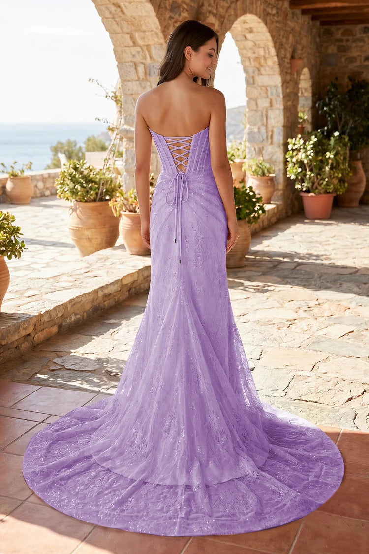 Lavender Lace Mermaid Straight Across Lace-Up Back Floor Length Dress