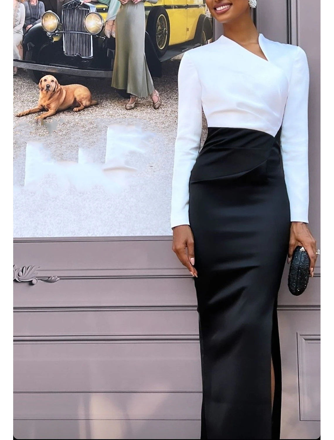 Sheath / Column Evening Gown Elegant Dress Formal Wedding Guest Floor Length Long Sleeve V Neck Black Dress Stretch Fabric