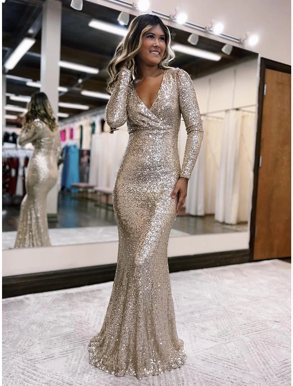 Evening Gown Sparkle & Shine Dress Formal Prom Floor Length Long Sleeve V Neck Sequined with Sequin