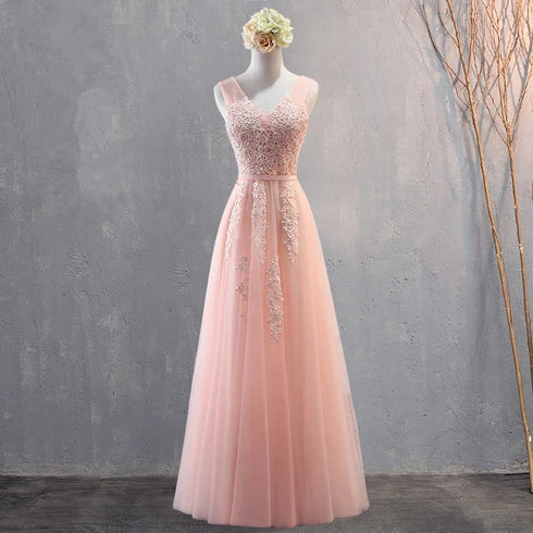 Blush V Neck Sleeveless Lace Tulle Bridesmaid Dress