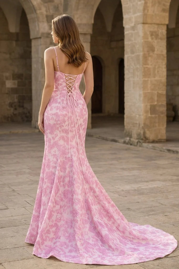 Blushing Pink Jacquard Mermaid Sweetheart Lace-Up Back Floor-Length Dress
