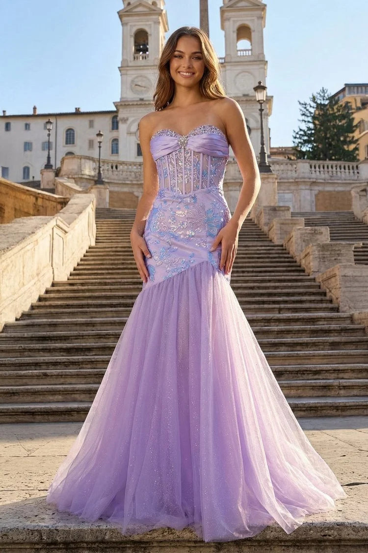 Lavender Tulle and Sequin Mermaid Sweetheart Lace-Up Back Floor-Length Dress