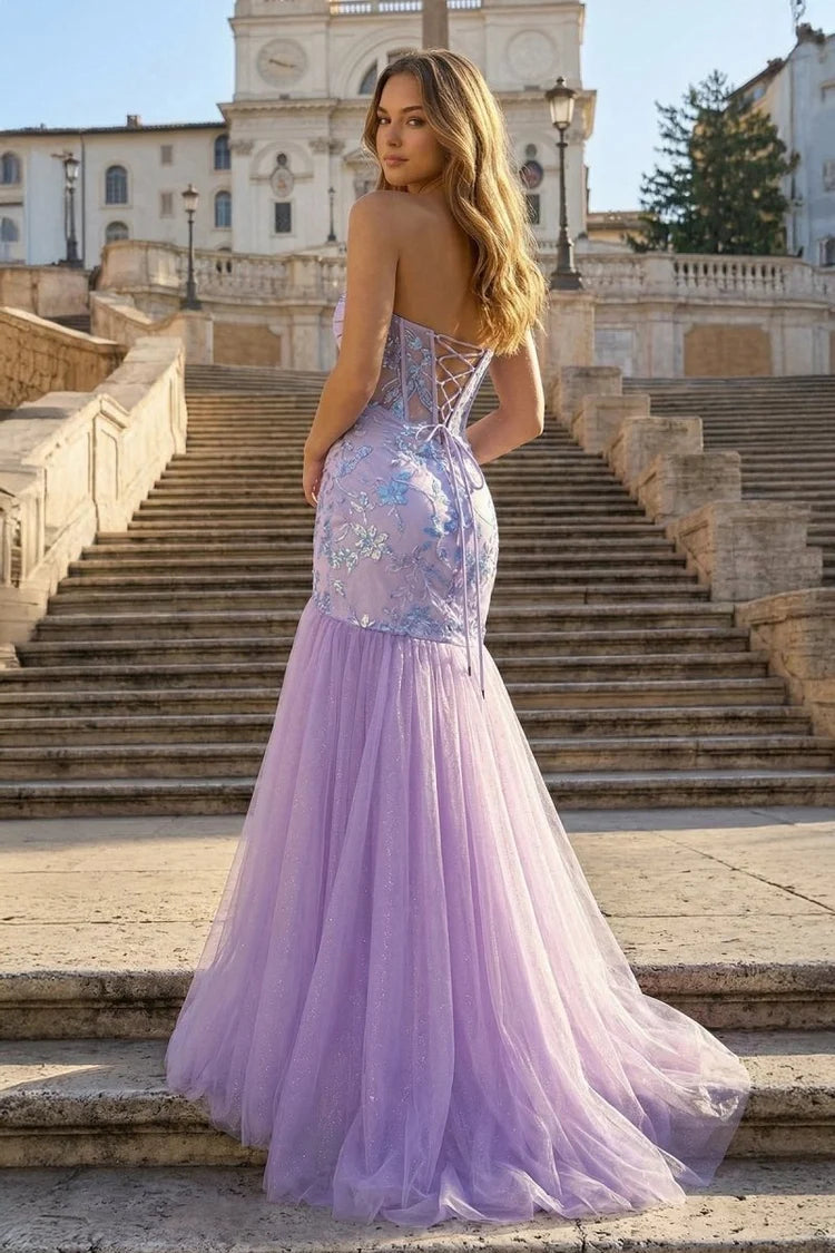Lavender Tulle and Sequin Mermaid Sweetheart Lace-Up Back Floor-Length Dress