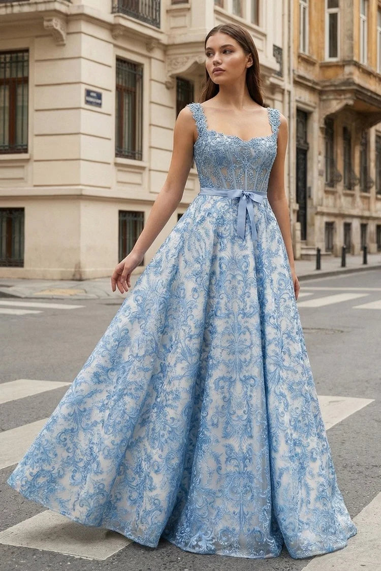 Dusty Blue Lace A-Line Sweetheart Lace-Up Back Floor-Length Dress