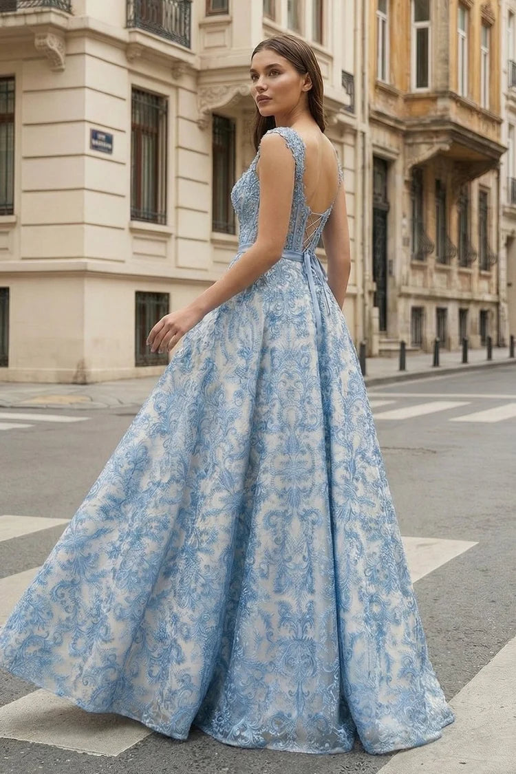 Dusty Blue Lace A-Line Sweetheart Lace-Up Back Floor-Length Dress