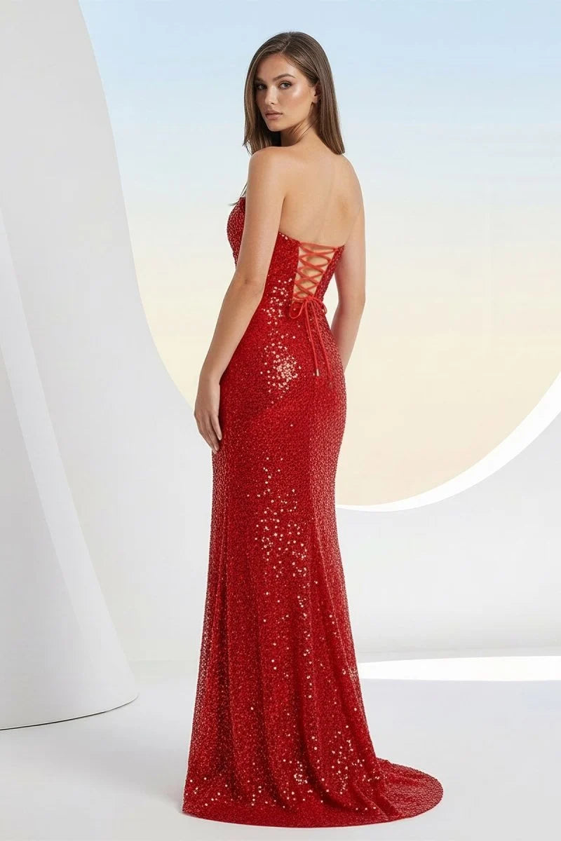 Red Sequin Sheath Straight Across Lace-Up Back Floor-Length Dress