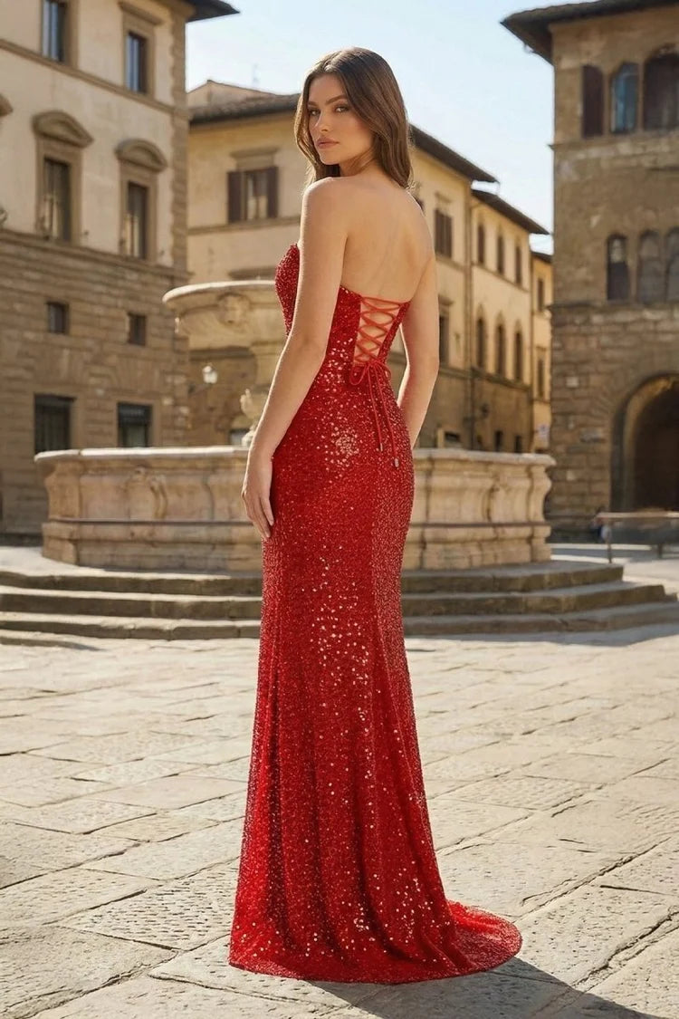Red Sequin Sheath Straight Across Lace-Up Back Floor-Length Dress