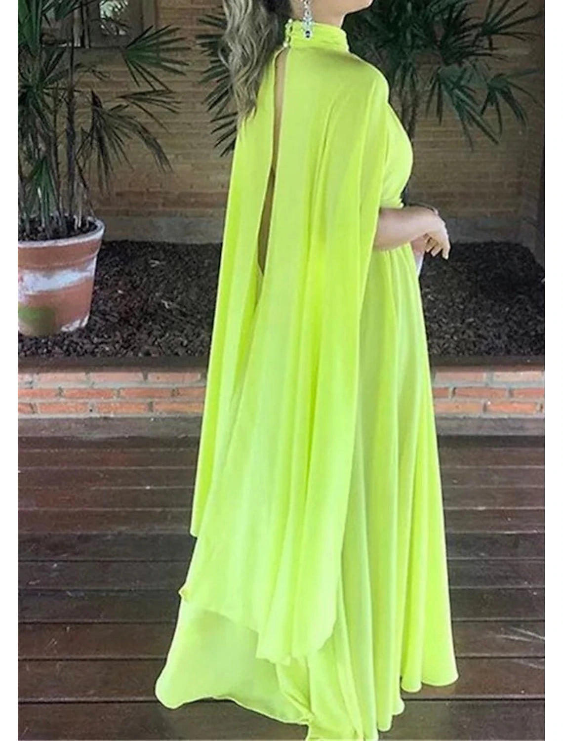 A-Line Evening Gown Elegant Dress Formal Wedding Guest Floor Length Sleeveless High Neck Capes Chiffon