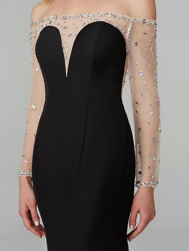 Evening Dress Holiday Floor Length Long Sleeve Off Shoulder Chiffon with Beading
