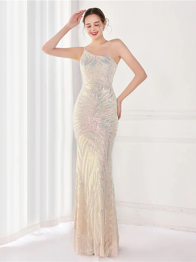 Evening Gown Elegant Dress Wedding Guest Floor Length Sleeveless One Shoulder Sequined V Back