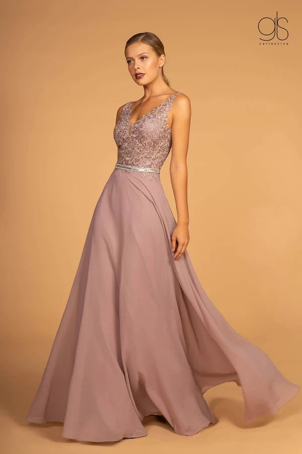 Dusty Rose A-Line V-Neck Sleeveless Low Back Lace Chiffon Gown