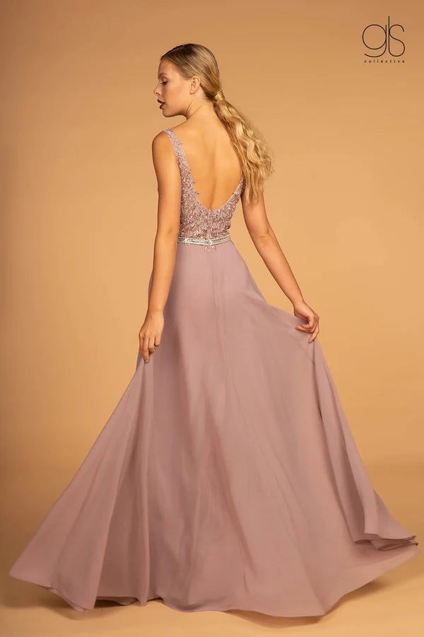 Dusty Rose A-Line V-Neck Sleeveless Low Back Lace Chiffon Gown