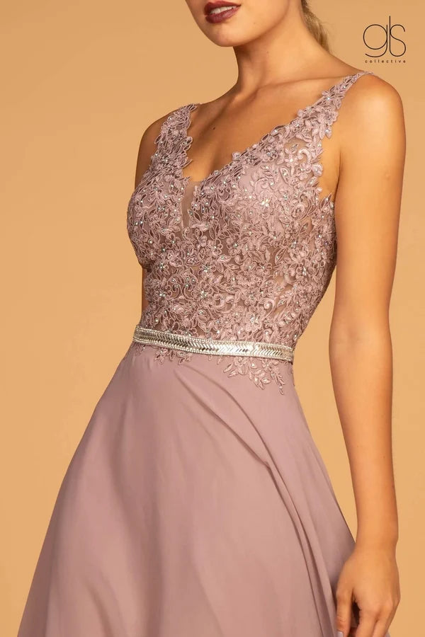 Dusty Rose A-Line V-Neck Sleeveless Low Back Lace Chiffon Gown