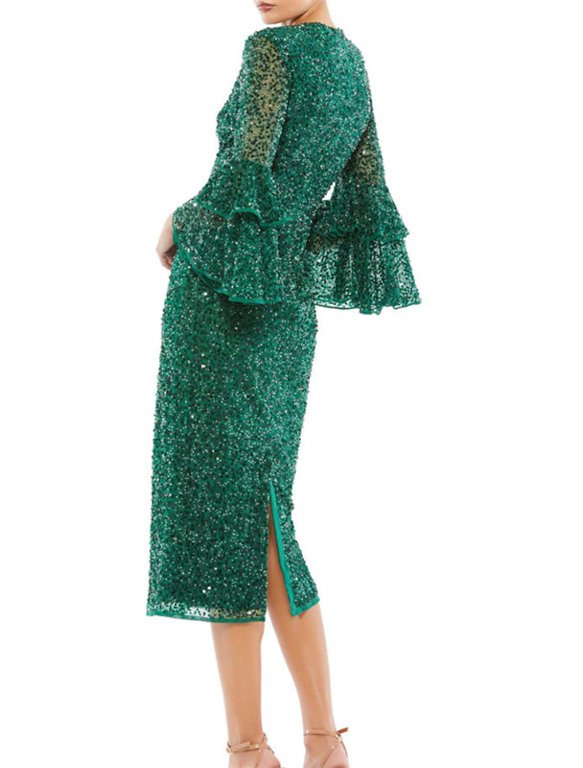 Sheath / Column Evening Dresses Party Dress Wedding Guest Party Wear Tea Length 3/4 Length Sleeve Jewel Neck Sequined