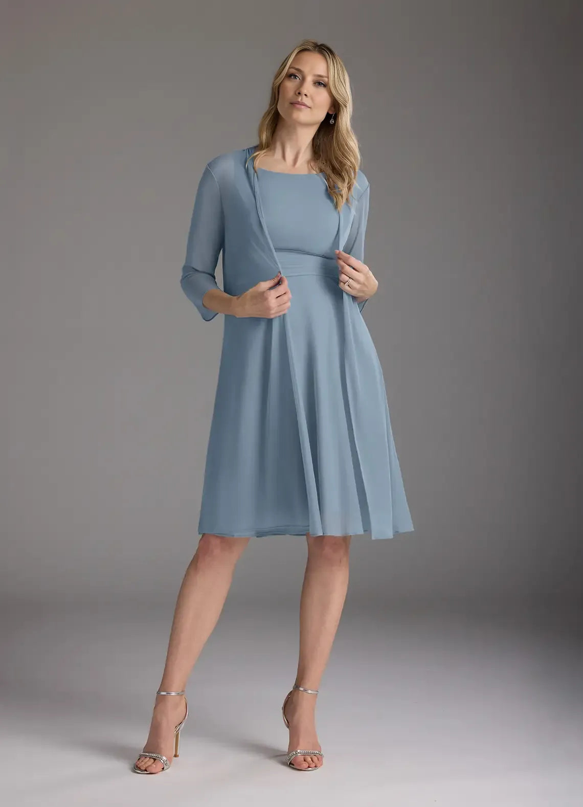 lovely A-Line Scoop-Neck Three-Quarter Sleeve Back Zip Knee-Length Mother of the Bride Dress