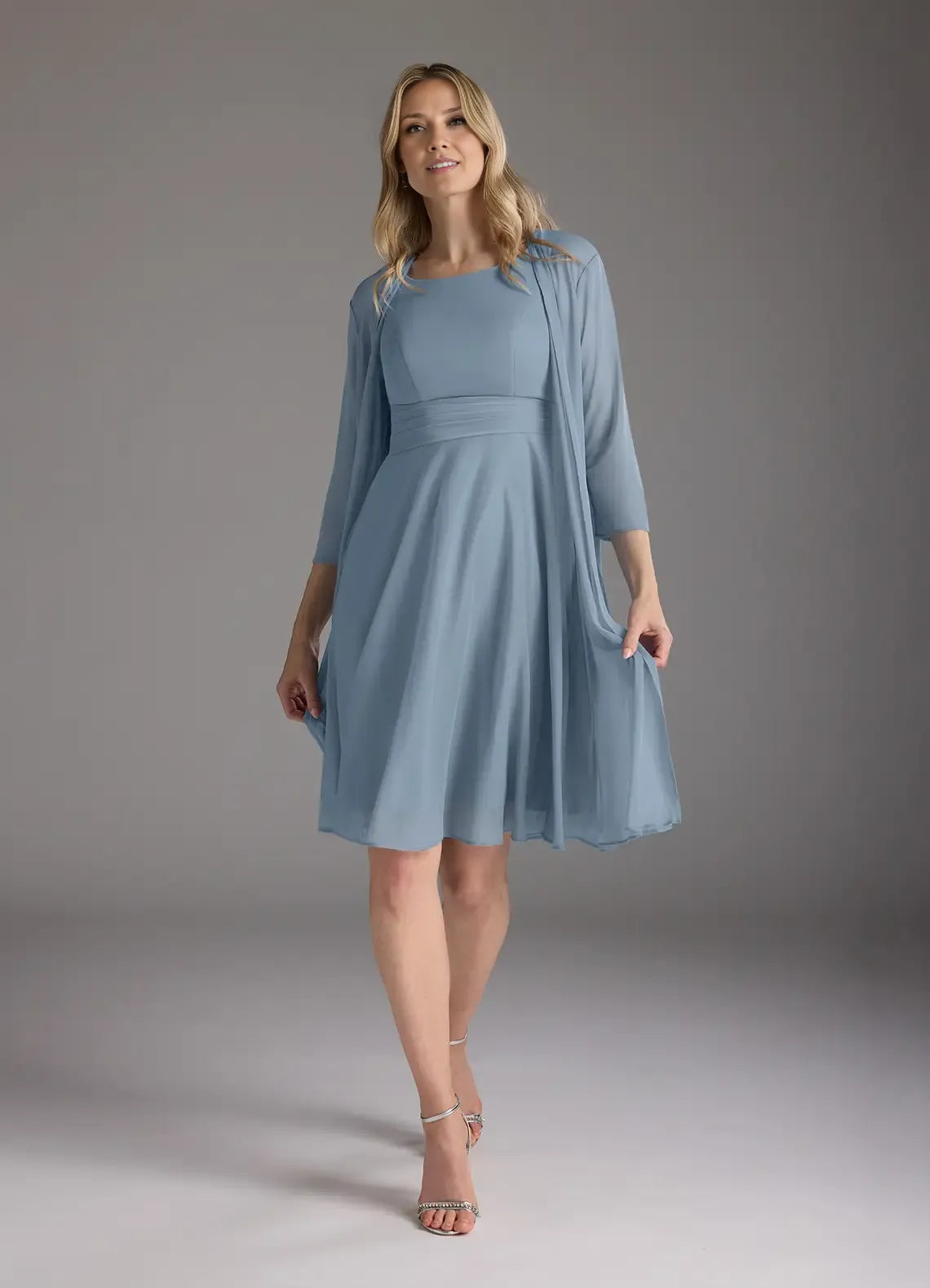 lovely A-Line Scoop-Neck Three-Quarter Sleeve Back Zip Knee-Length Mother of the Bride Dress