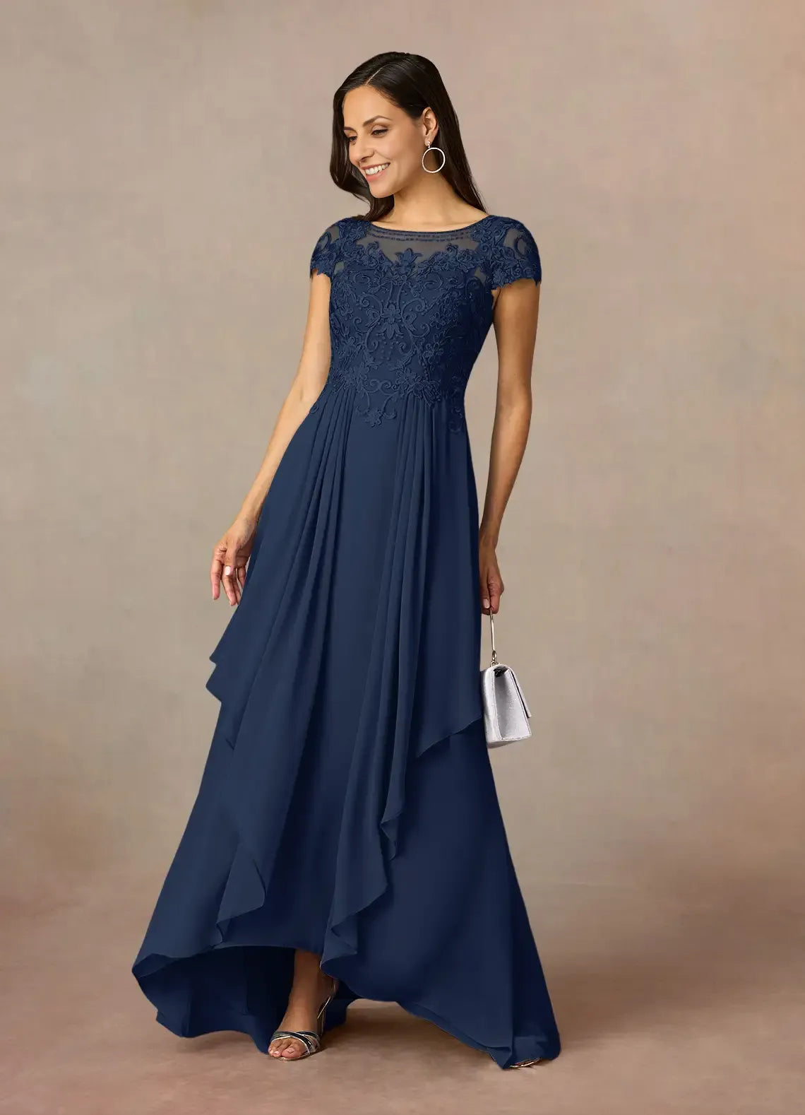 lovely A-Line Scoop Neck Cap Sleeve Back Zip Asymmetrical-Length Mother of the Bride Dress