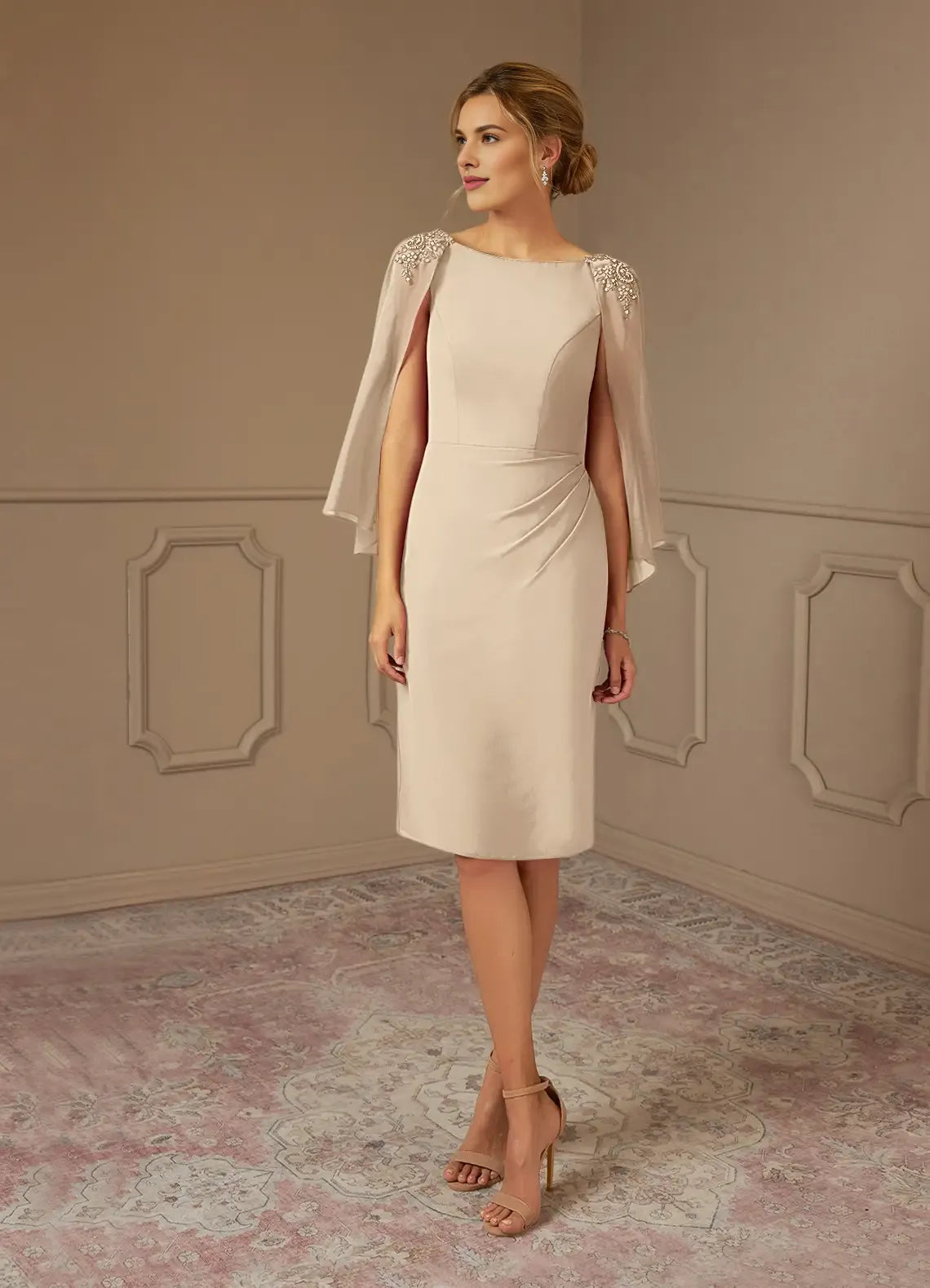 lovely Sheath Bateau Neck Cap Sleeve Back Zip Knee-Length Mother of the Bride Dress