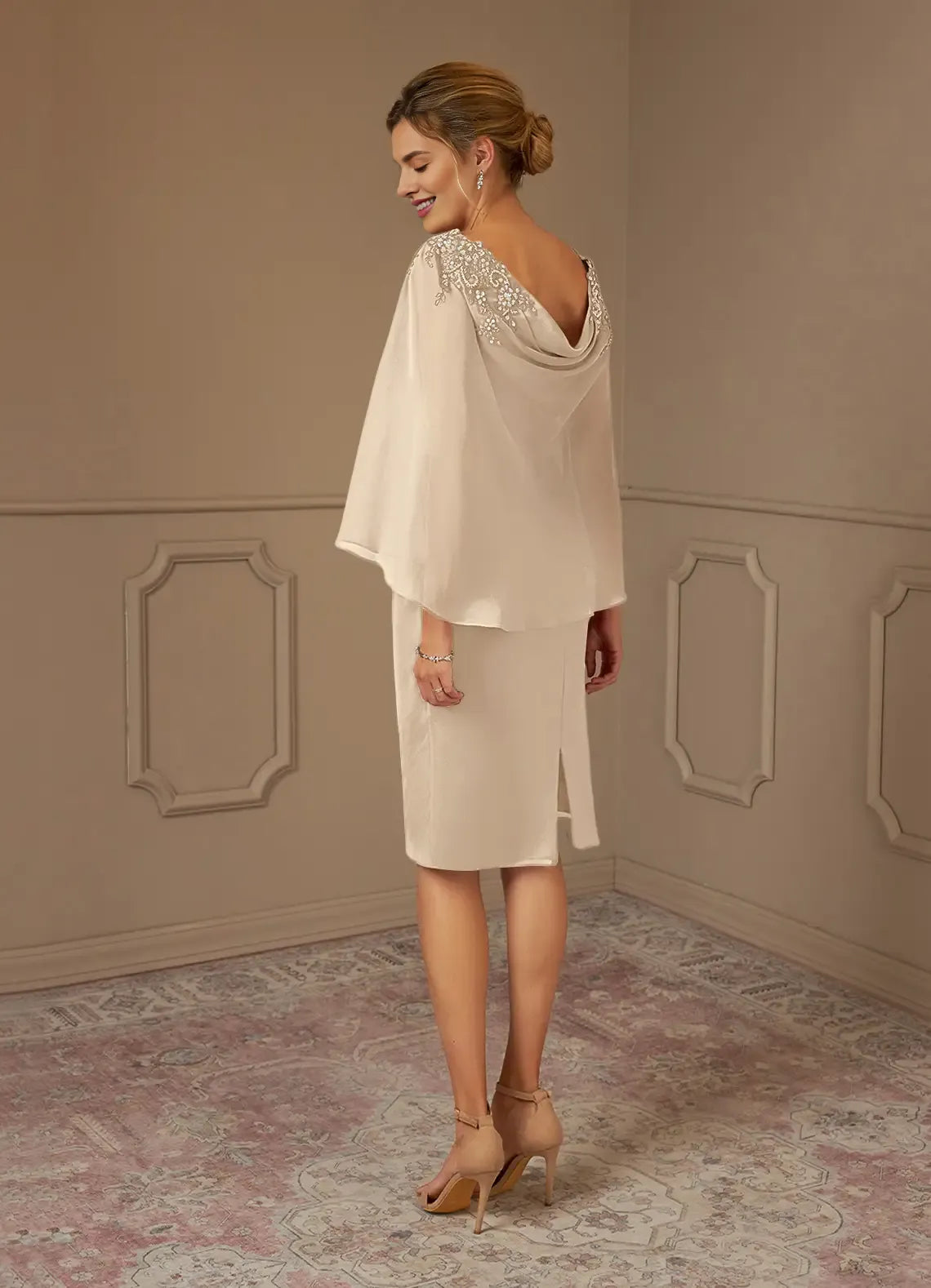 lovely Sheath Bateau Neck Cap Sleeve Back Zip Knee-Length Mother of the Bride Dress