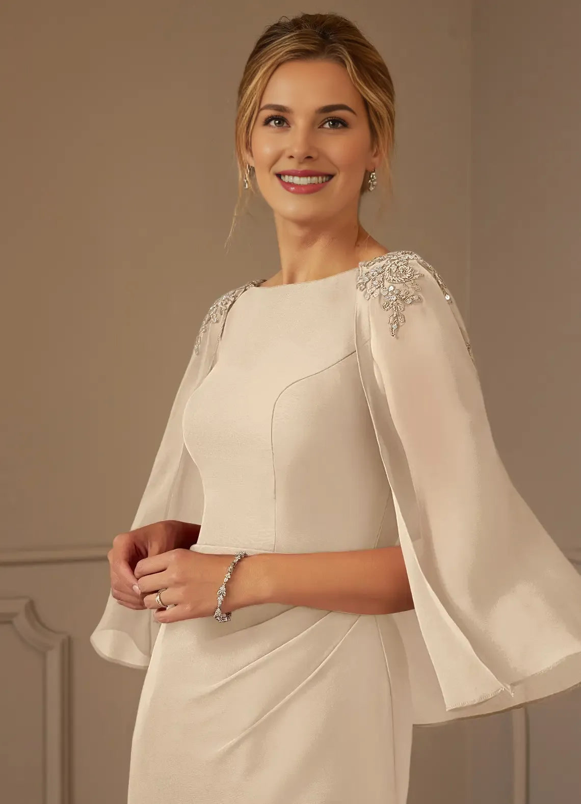 lovely Sheath Bateau Neck Cap Sleeve Back Zip Knee-Length Mother of the Bride Dress