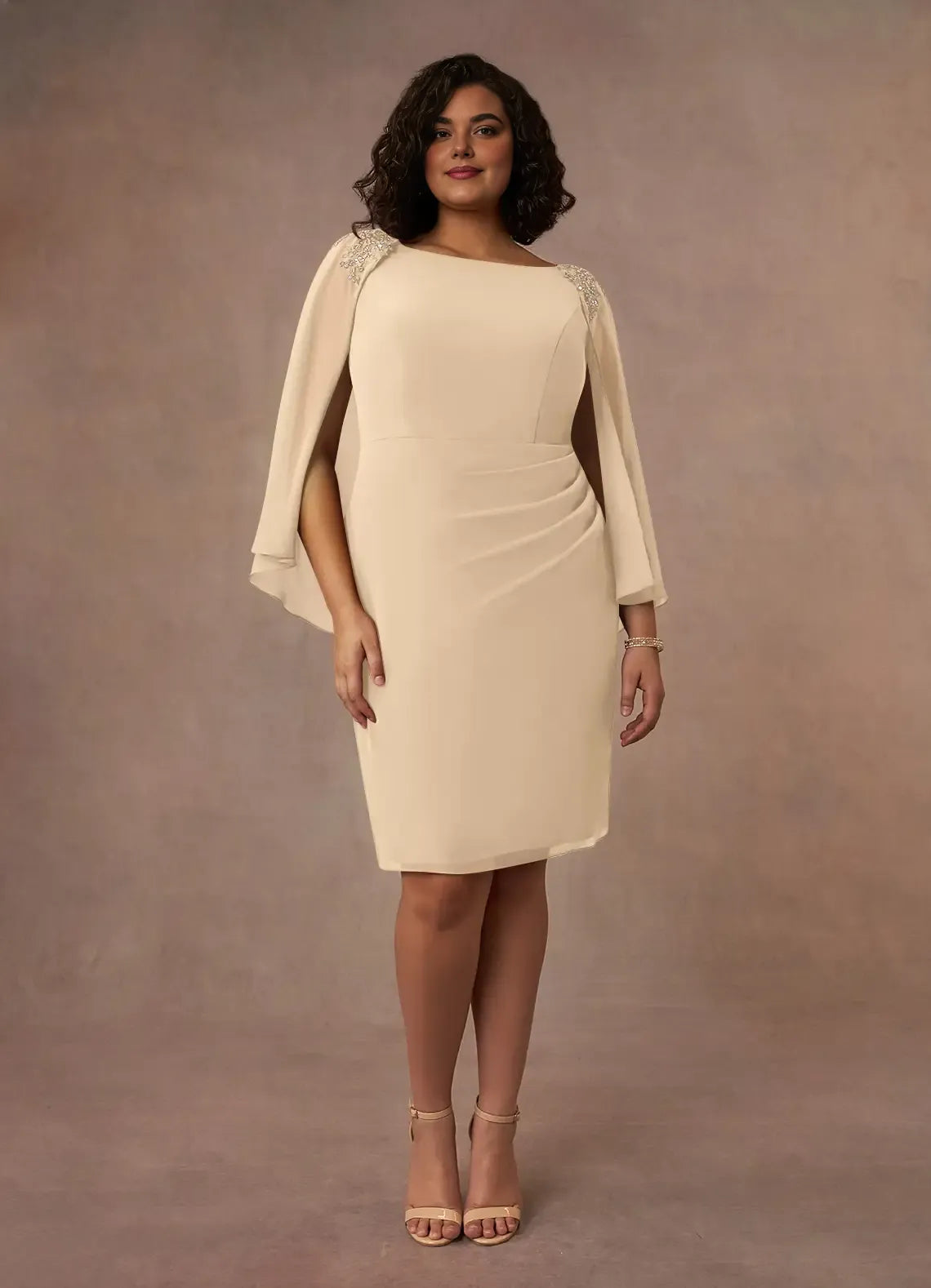 lovely Sheath Bateau Neck Cap Sleeve Back Zip Knee-Length Plus Size Mother of the Bride Dress