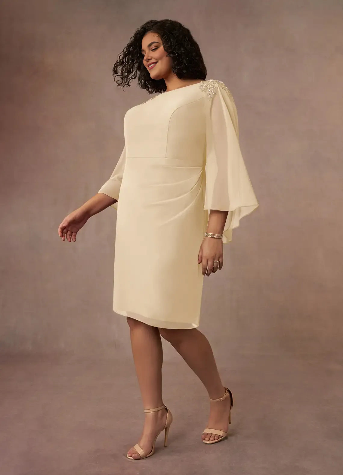 lovely Sheath Bateau Neck Cap Sleeve Back Zip Knee-Length Plus Size Mother of the Bride Dress