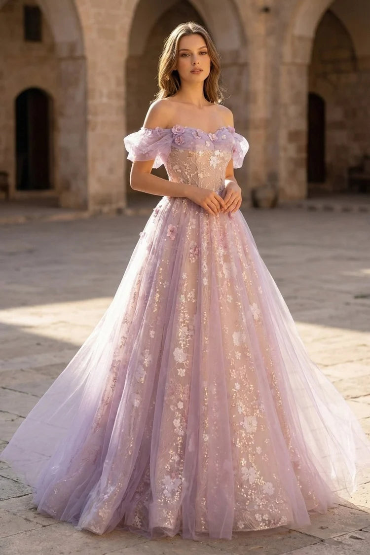 Lilac Tulle A-Line Sweetheart Lace-Up Back Floor-Length Dress