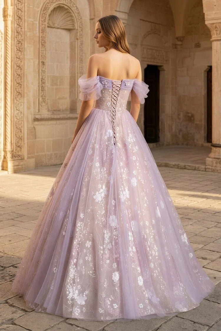 Lilac Tulle A-Line Sweetheart Lace-Up Back Floor-Length Dress