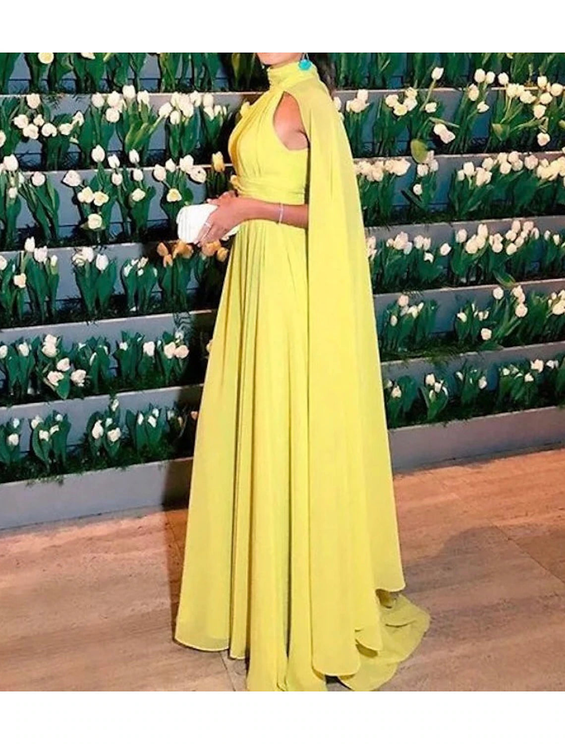 A-Line Evening Gown Elegant Dress Formal Wedding Guest Floor Length Sleeveless High Neck Capes Chiffon