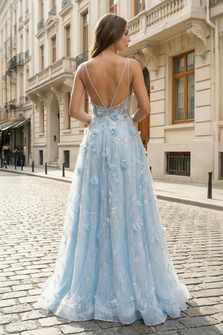 Sky Blue Tulle A-Line Plunging V-Neck Low V-Back Floor Length Dress