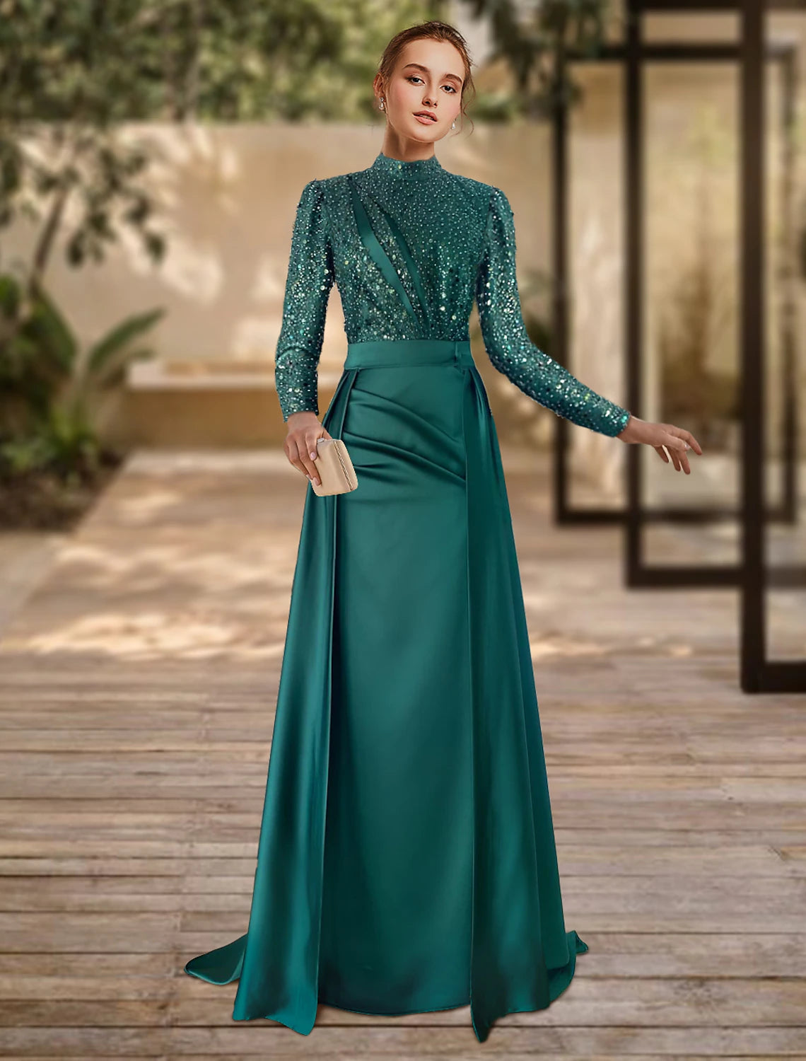 Sheath Formal Dress Evening Gown Red Green Dress Formal Sweep / Brush Train Long Sleeve Jewel Neck Satin
