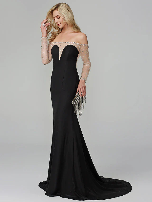 Evening Dress Holiday Floor Length Long Sleeve Off Shoulder Chiffon with Beading