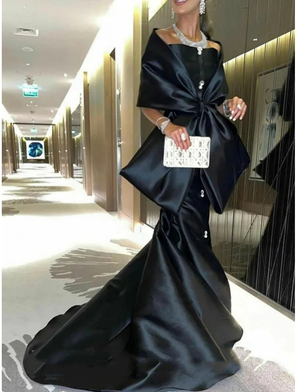 Mermaid / Trumpet Evening Gown Elegant Dress Formal Court Train Half Sleeve Off Shoulder Satin