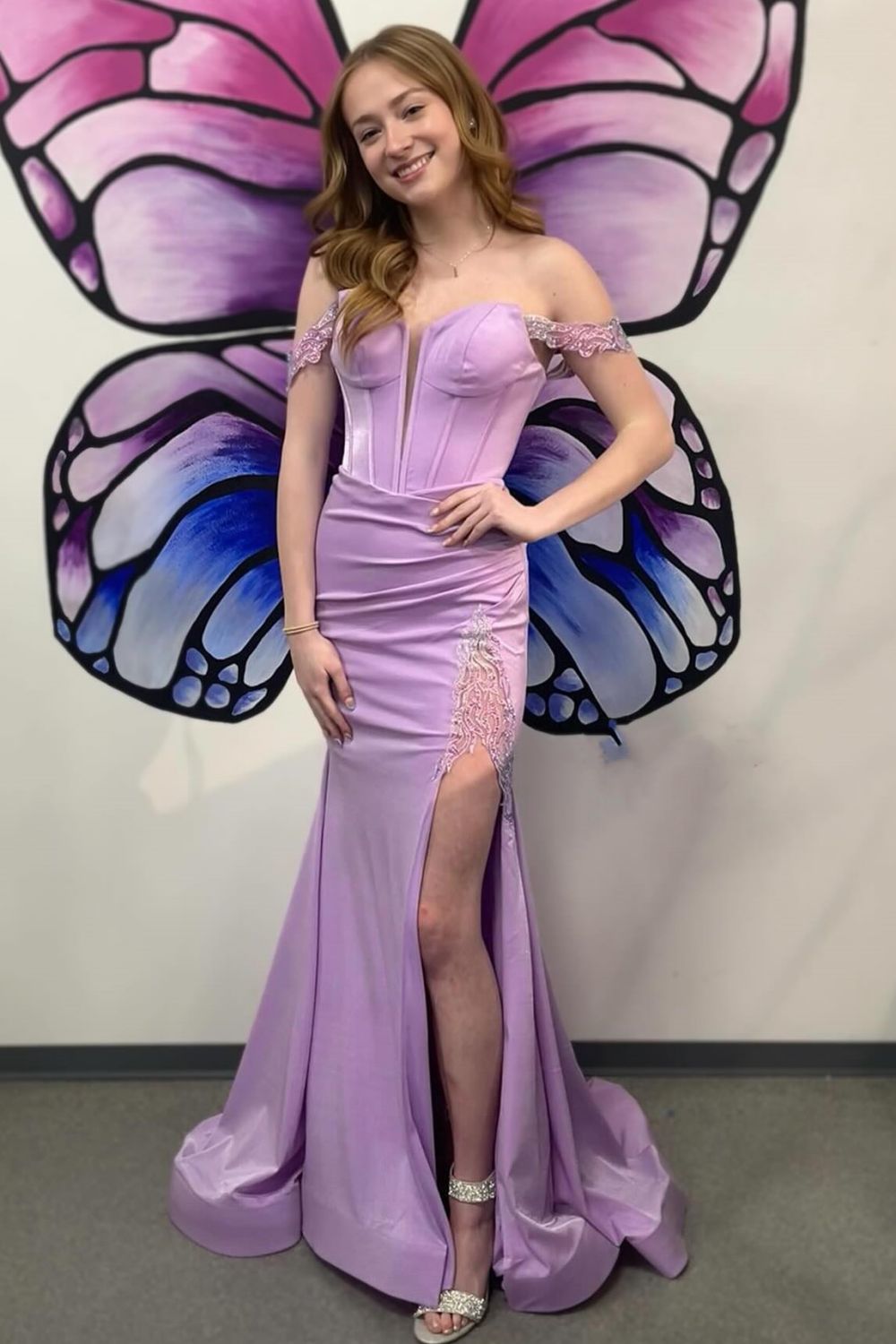 Weitese Stylish Mermaid Off the Shoulder Purple Corset Prom Dress with Split Front