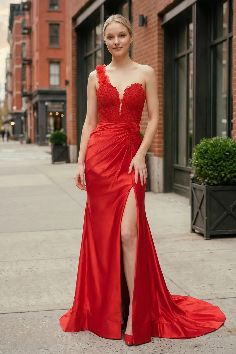 Red Satin and Lace Sheath One-Shoulder Lace-Up Back Floor-Length Dress
