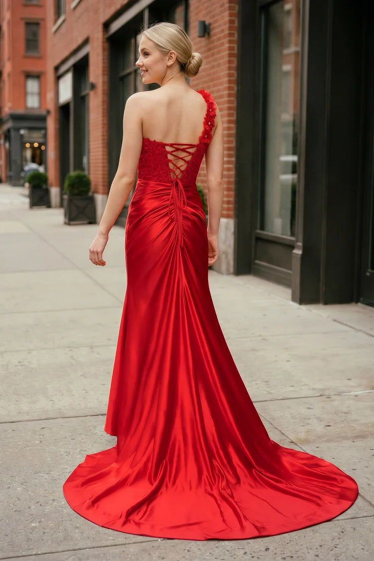 Red Satin and Lace Sheath One-Shoulder Lace-Up Back Floor-Length Dress