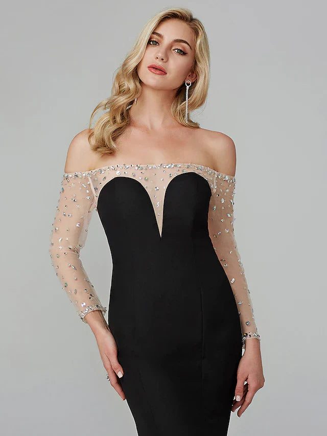 Evening Dress Holiday Floor Length Long Sleeve Off Shoulder Chiffon with Beading