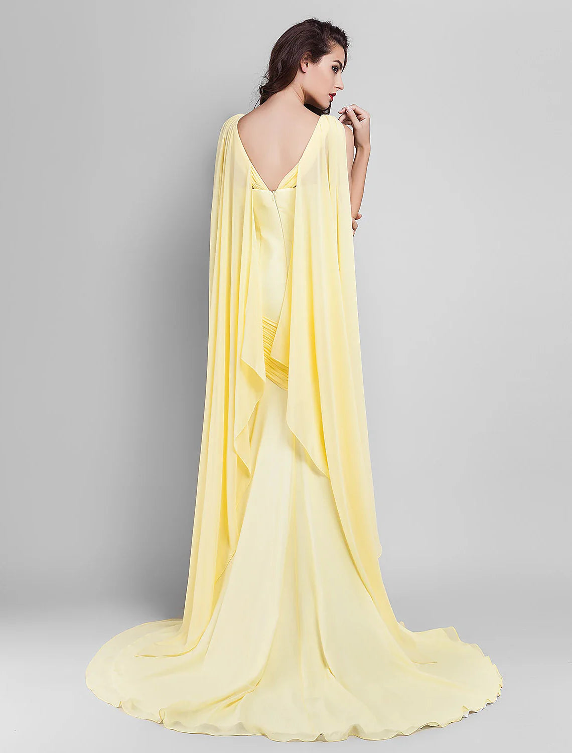 Evening Dress Wedding Guest Prom Court Train Sleeveless Plunging Neck Georgette V Back with Criss Cross Side Draping