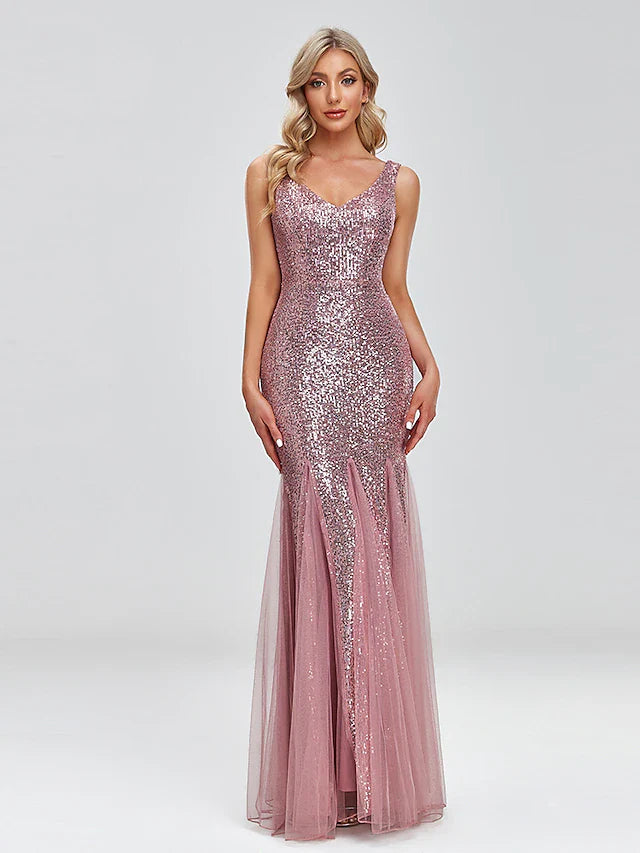 Two Piece Mermaid / Trumpet Party Dresses Sparkle & Shine Dress Prom Floor Length Sleeveless V Neck Capes Tulle V Back