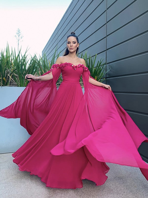 Chiffon Floor-Length Long Sleeves Ruffles Off-the-Shoulder Dresses