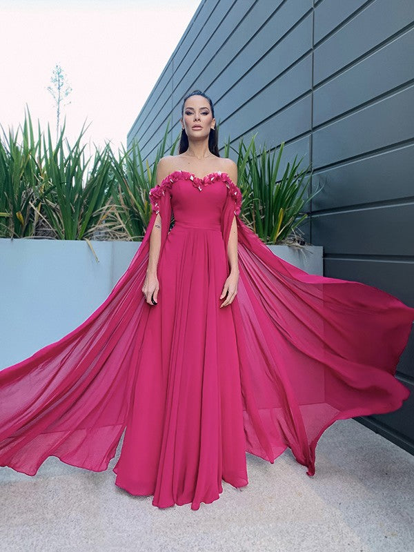 Chiffon Floor-Length Long Sleeves Ruffles Off-the-Shoulder Dresses