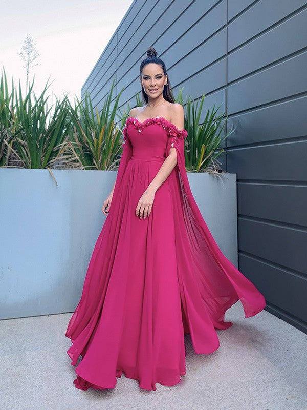 Chiffon Floor-Length Long Sleeves Ruffles Off-the-Shoulder Dresses