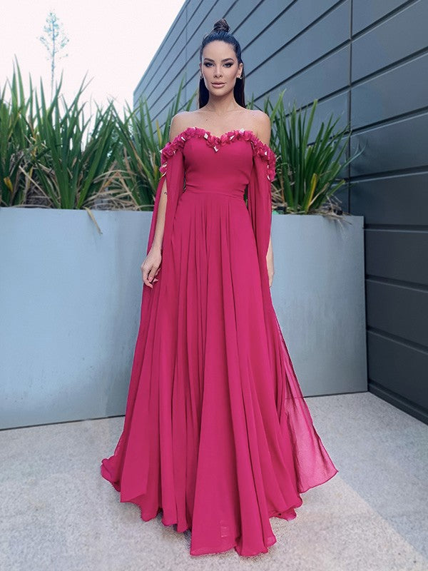 Chiffon Floor-Length Long Sleeves Ruffles Off-the-Shoulder Dresses
