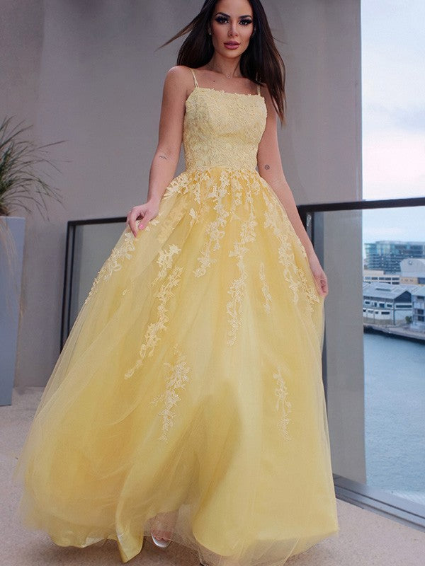 Spaghetti Straps Applique Sleeveless Tulle Floor-Length Dresses